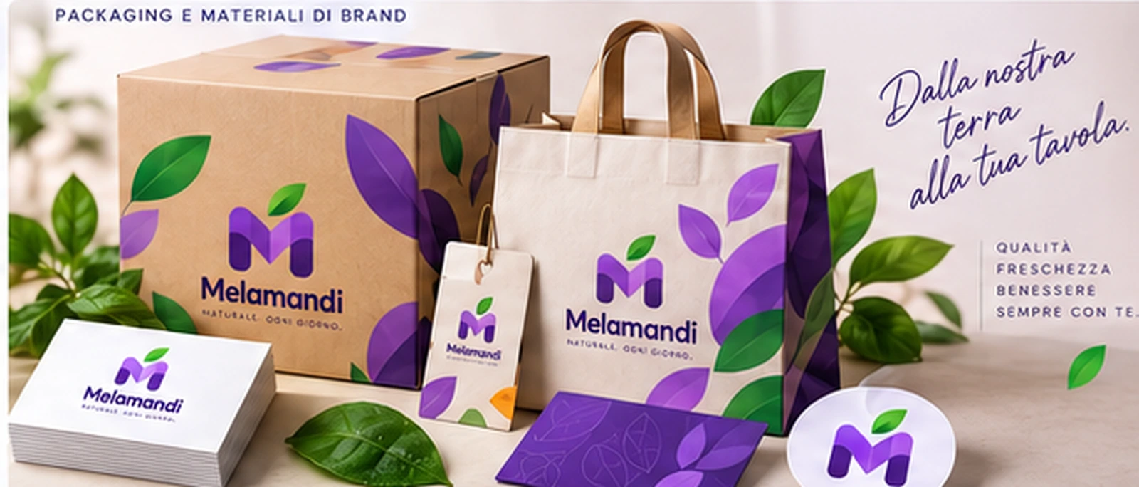 Applicazioni del brand Melamandi su packaging e materiali